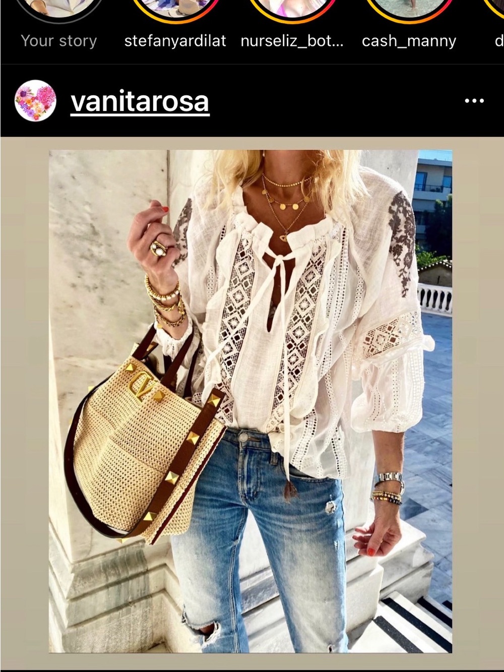 Vanitarosa White Crochet Tie-Front Peasant Blouse